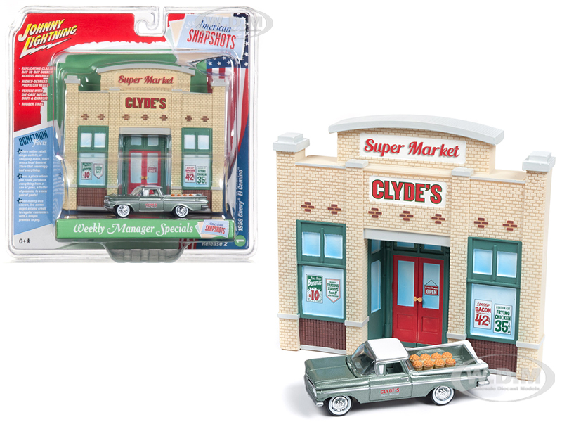 Image of 1959 Chevrolet El Camino Pickup Truck Green and Resin Store Front Facade "Weekly Manager Specials" Diorama 1/64 Diecast Model by Johnny Lightning