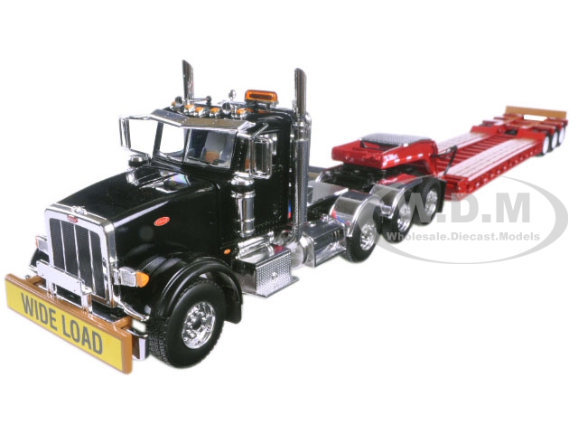 Peterbilt 367 with Tri Axle Lowboy Trailer Black and Red 1/50 Diecast Model by First Gear