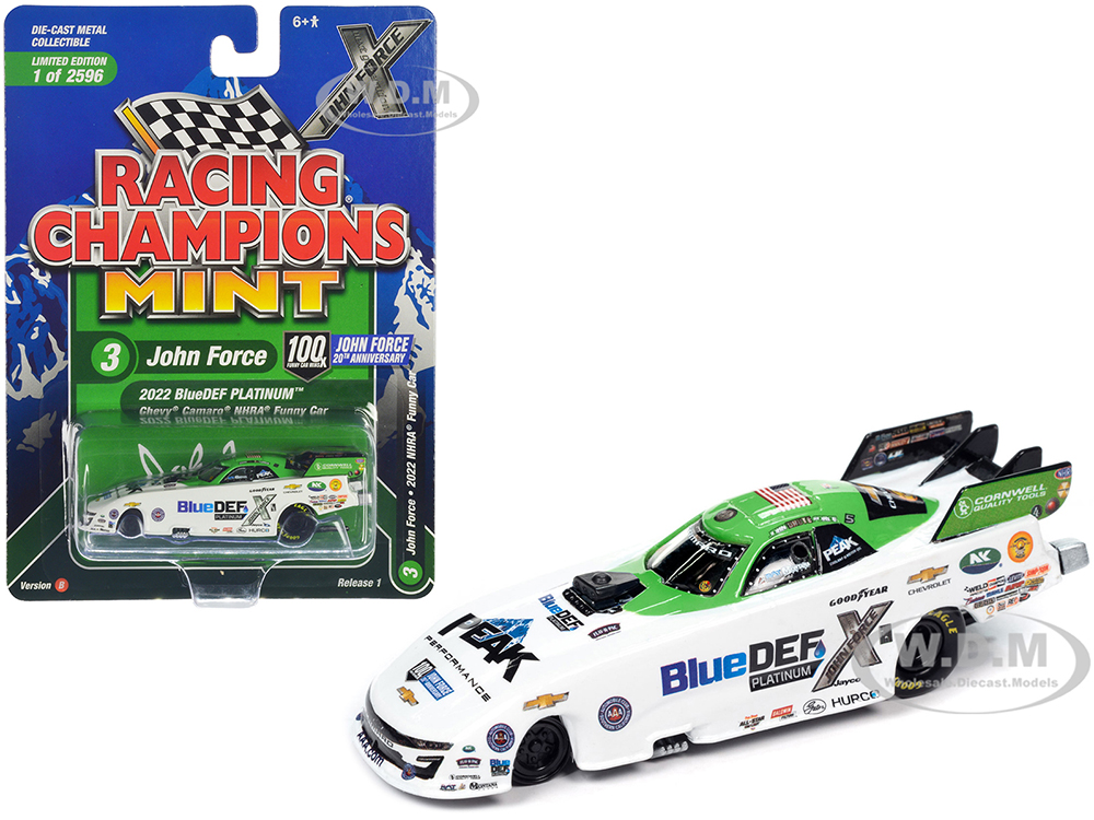 Chevrolet Camaro NHRA Funny Car John Force BlueDEF Platinum (2022) John Force Racing Racing Champions Mint 2023 Release 1 Limited Edition To 25