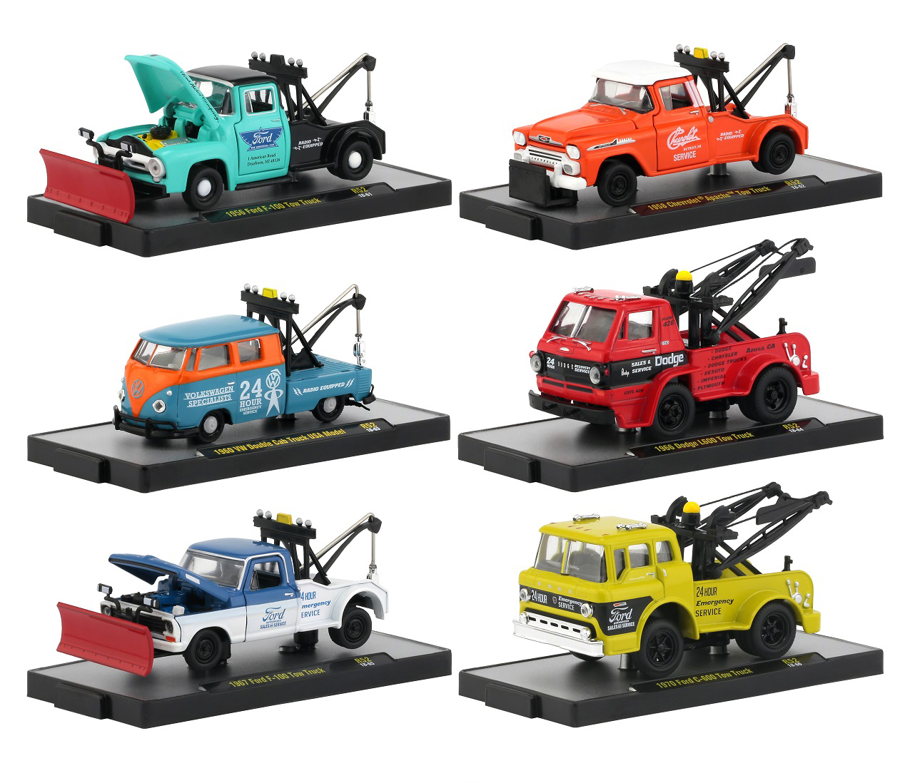 Auto Tow Trucks 6 Piece Set Release 52 In Display Cases 1/64 Diecast Model Cars By M2 Machines