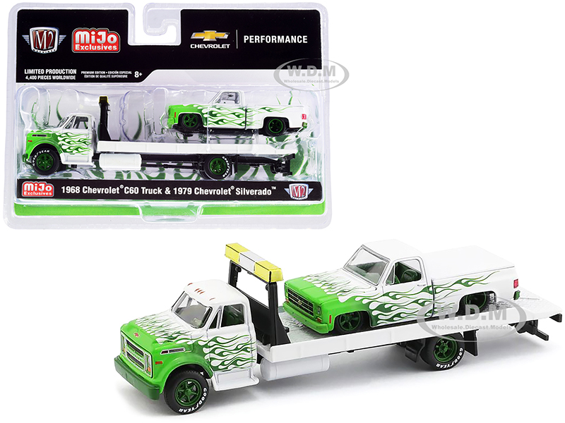 Image of 1968 Chevrolet C60 Flatbed Truck and 1979 Chevrolet Silverado Pickup Truck with Bed Cover White with Green Flames Limited Edition to 4400 pieces Worl
