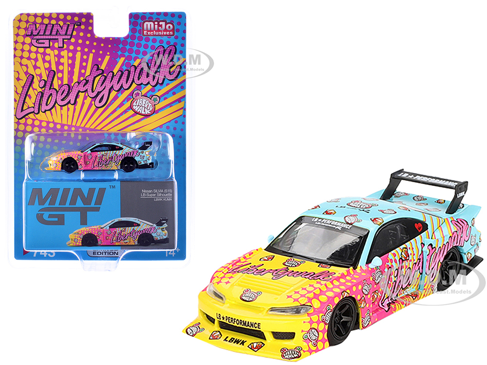 Nissan "LB-Super Silhouette" S15 SILVIA RHD (Right Hand Drive) Yellow and Blue with Pink Graphics "LBWK KUMA" Limited Edition 1/64 Diecast Model Car