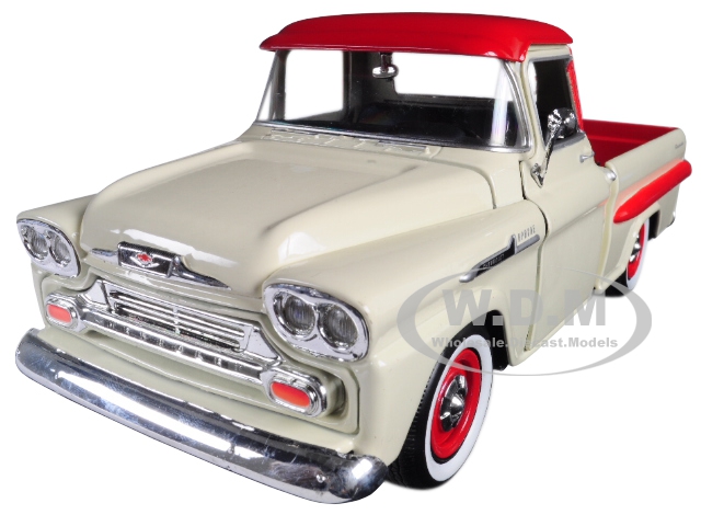 Image of 1958 Chevrolet Apache Fleetside Pickup Truck Cream with Red Top 1/24 Diecast Model Car by Motormax