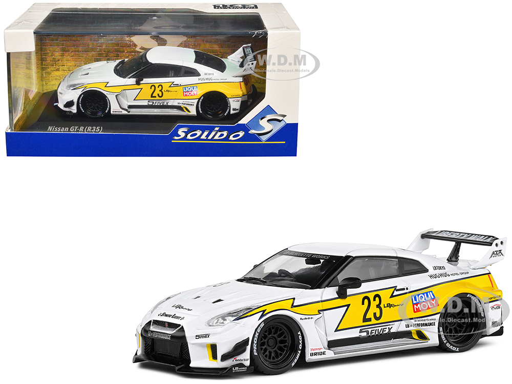 2019 Nissan GTR35 LBWK Silhouette RHD (Right Hand Drive) #23 White with Yellow Graphics 1/43 Diecast Model Car by Solido