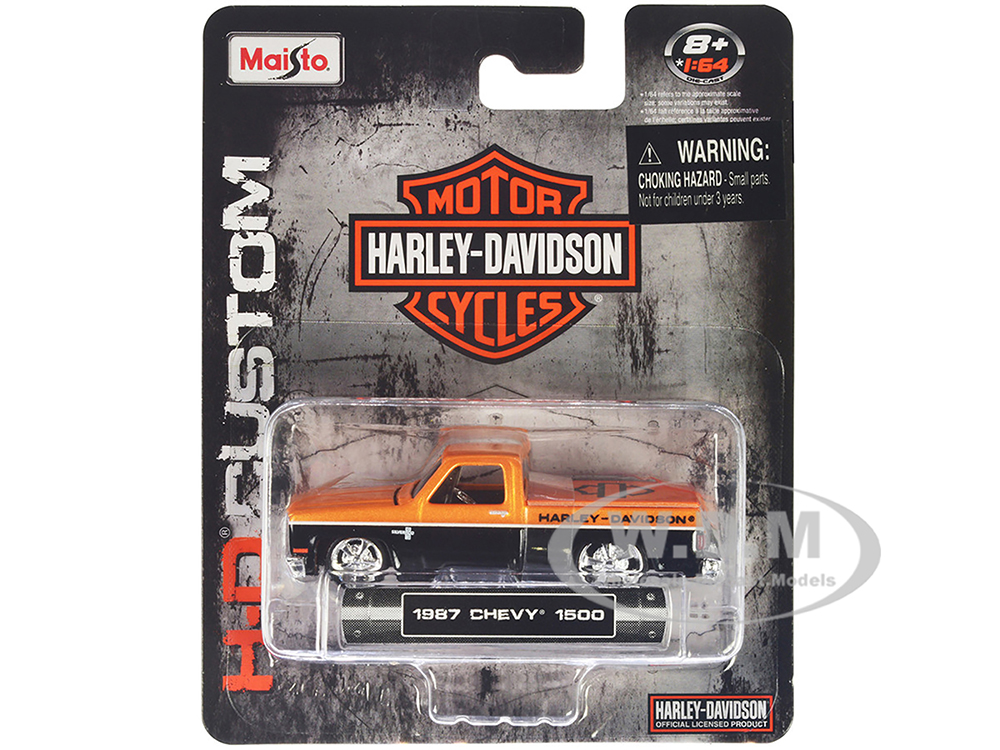 1987 Chevrolet 1500 Pickup Truck Orange Metallic and Black Harley Davidson H-D Custom Series 1/64 Diecast Model Car by Maisto