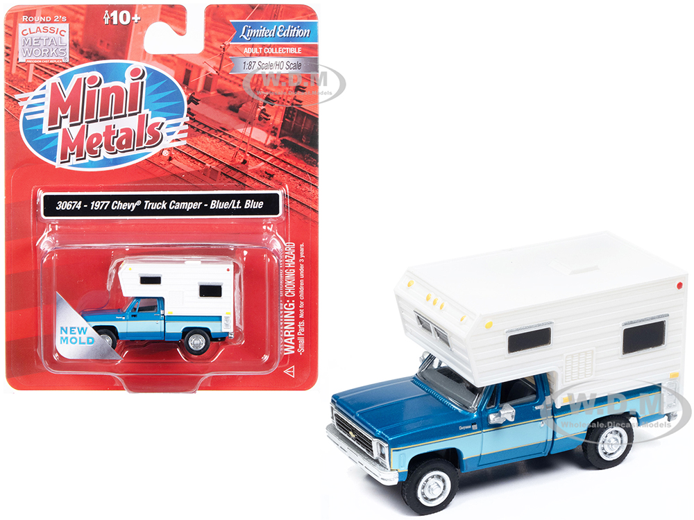 1977 Chevrolet Fleetside Pickup Truck with Camper Blue Metallic and Light Blue Mini Metals Series 1/87 (HO) Scale Model Car by Classic Metal Works