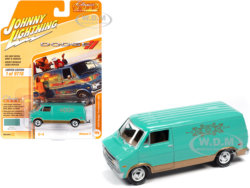 1976 Dodge Tradesman Van Custom Mint Green and Gold with Graphics Classic Gold Collection Series Limited Edition to 9718 pieces Worldwide 1/64 Diecast Model Car by Johnny Lightning