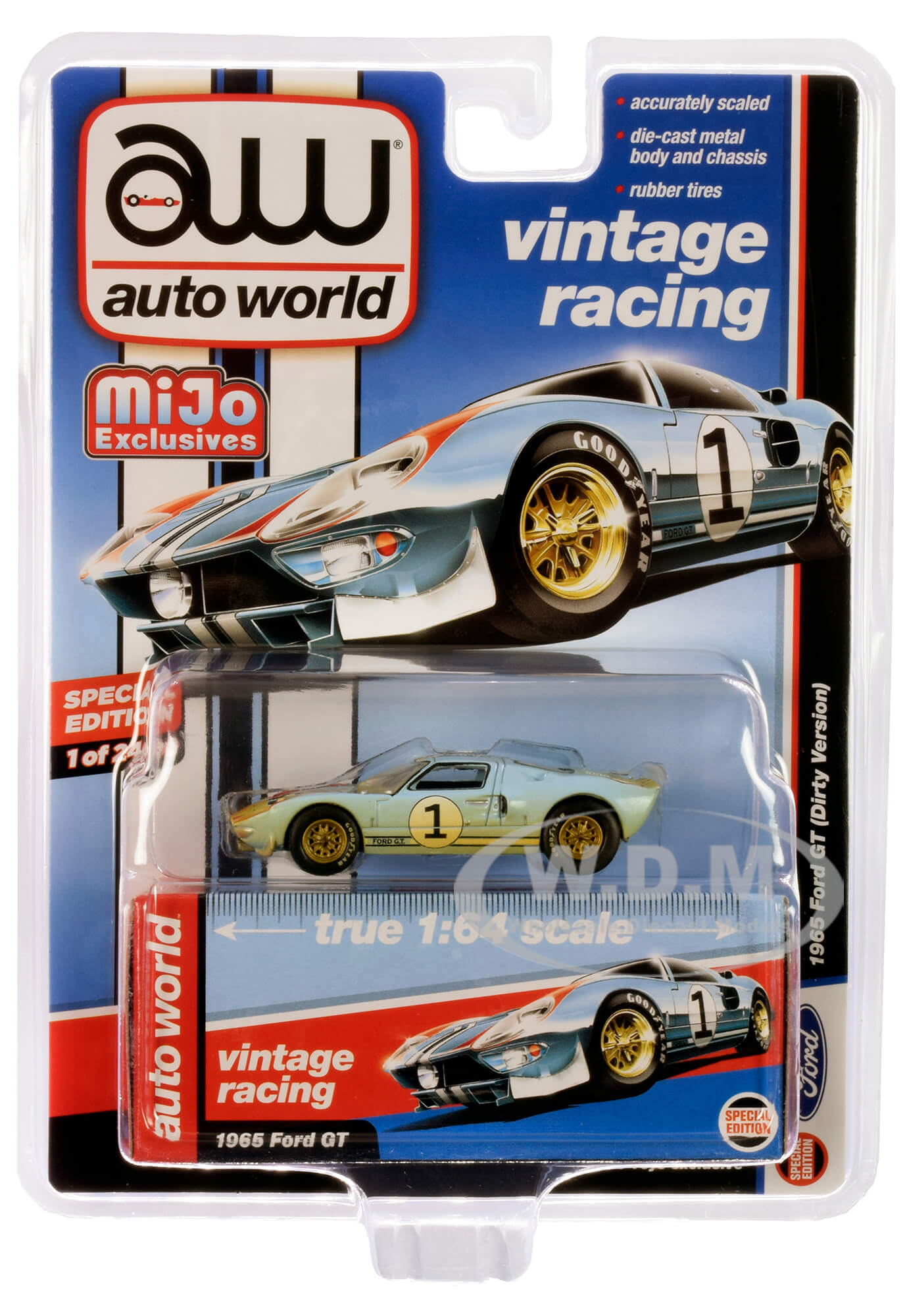 1965 Ford Gt 1 Light Blue With Red And White Stripes (dirty Version) "vintage Racing" Limited Edition To 2400 Pieces Worldwide 1/64 Diecast Model Car