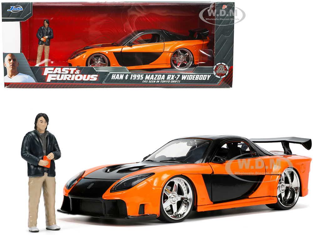 1995 Mazda RX-7 Widebody RHD (Right Hand Drive) Orange Metallic and Black with Han Diecast Figurine The Fast and the Furious: Tokyo Drift (2006) Movie 1/24 Diecast Model Car by Jada