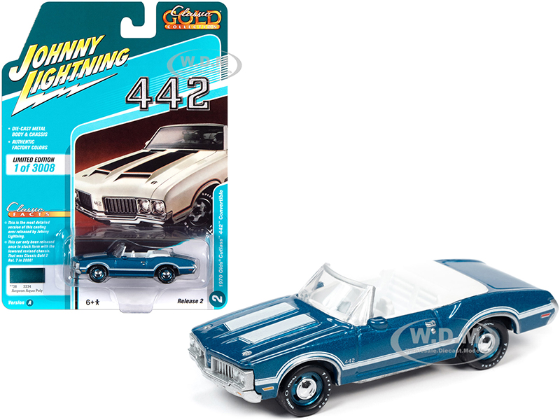 Image of 1970 Oldsmobile Cutlass 442 Convertible Aegean Aqua Blue Metallic with White Stripes and White Interior "Classic Gold Collection" Limited Edition to