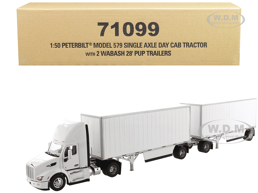 Peterbilt 579 Single Axle Day Cab with Two Wabash 28 Pup Trailers White "Transport Series" 1/50 Diecast Model by Diecast Masters