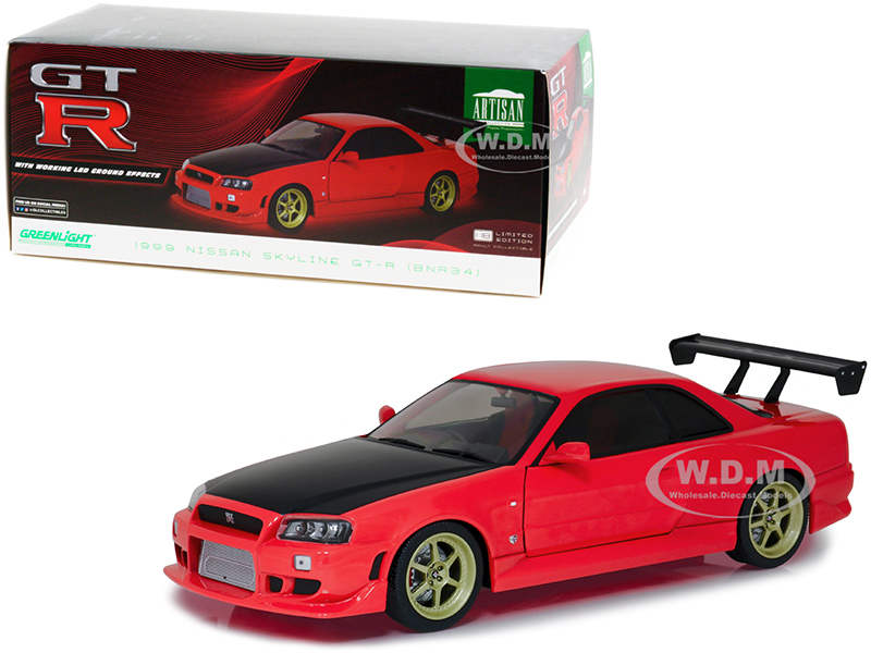 1999 Nissan Skyline GT-R (BNR34) RHD (Right Hand Drive) Red with Black Hood and Gold Wheels with Neon LED Light Underglow 1/18 Diecast Model Car by G
