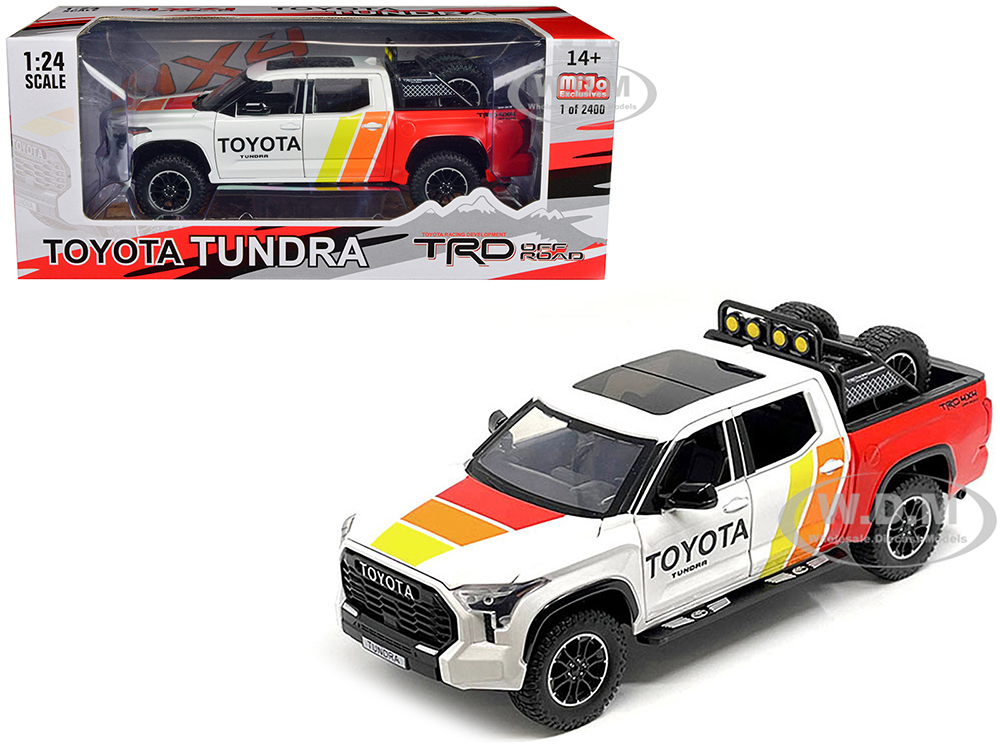 2023 Toyota Tundra TRD 4x4 Pickup Truck White and Red with Stripes with Sunroof and Wheel Rack Limited Edition to 2400 pieces Worldwide 1/24 Diecast Model Car