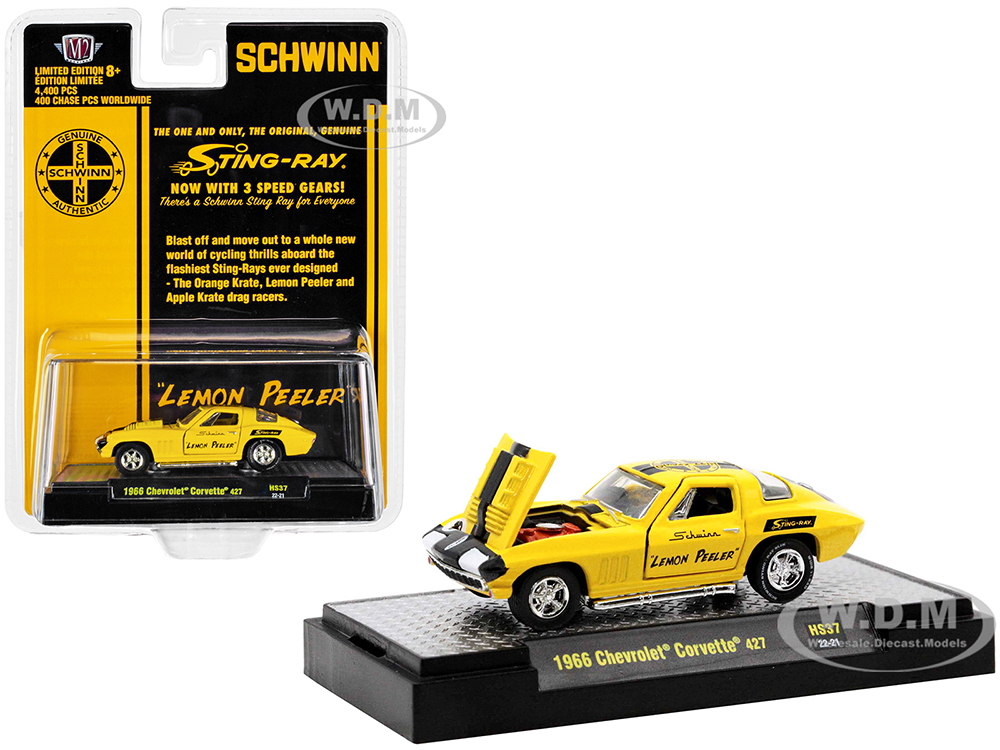 1966 Chevrolet Corvette 427 #68 Yellow with Black Stripes and Graphics Schwinn Lemon Peeler Limited Edition to 4400 pieces Worldwide 1/64 Diecast Model Car by M2 Machines
