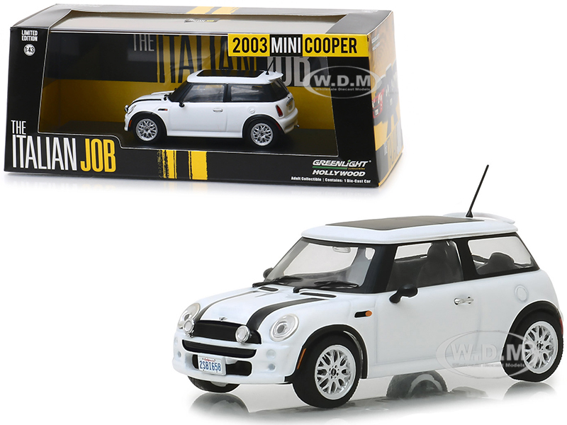 2003 Mini Cooper White With Black Stripes "the Italian Job" (2003) Movie 1/43 Diecast Model Car By Greenlight