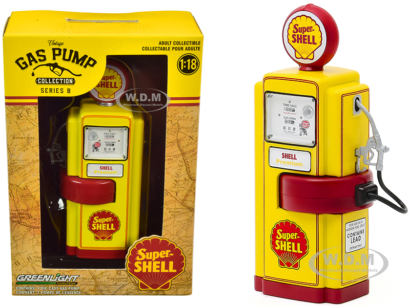 Image of 1948 Wayne 100-A Gas Pump "Super Shell" Yellow and Red "Vintage Gas Pumps" Series 8 1/18 Diecast Model by Greenlight