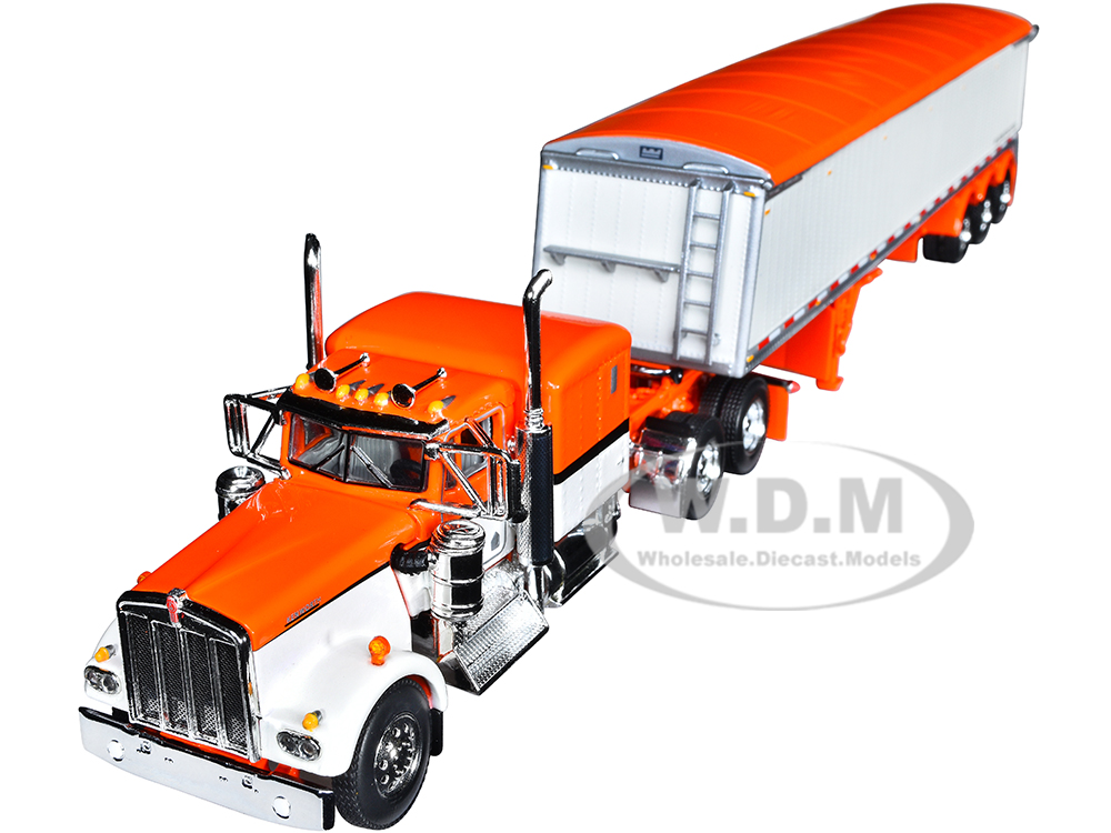 Kenworth W900A with 60" Flat Top Sleeper and Lode King Distinction Tri-Axle Hopper Trailer Orange and Pearl White 1/64 Diecast Model by DCP/First Gea