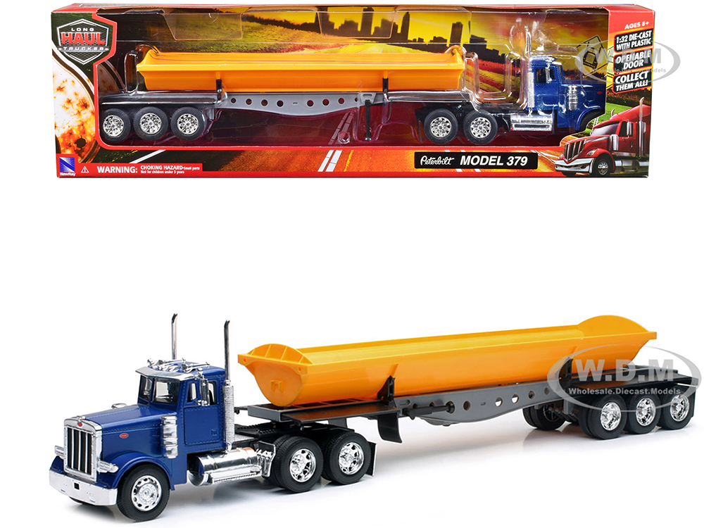 Peterbilt 379 Truck with Side Dump Blue and Yellow Long Haul Truckers Series 1/32 Diecast Model by New Ray