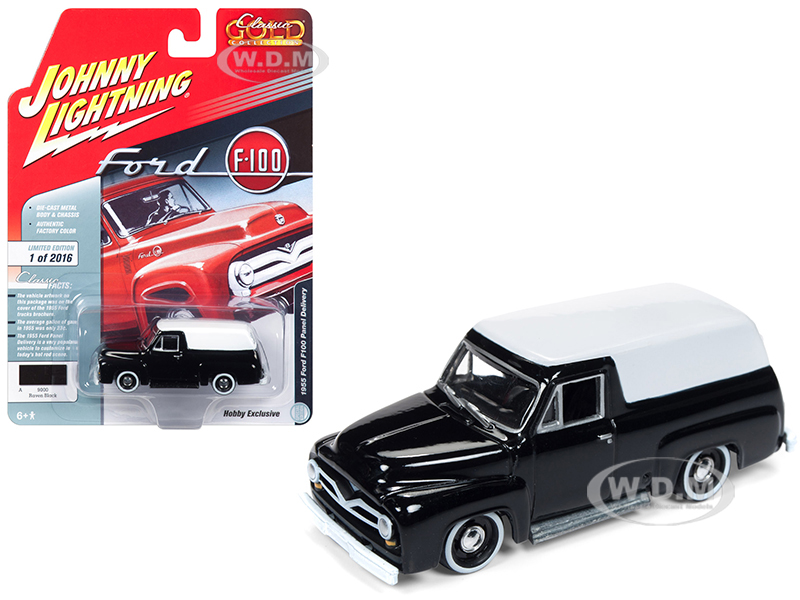 1955 Ford F100 Panel Delivery Gloss Black With White Top "classic Gold" Limited Edition To 2016 Pieces Worldwide 1/64 Diecast Model Car By Johnny Lig