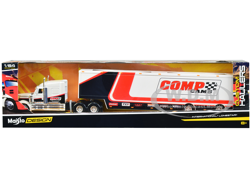 International LoneStar Enclosed Car Transporter Comp Cams White and Black with Stripes Custom Haulers Series 1/64 Diecast Model by Maisto
