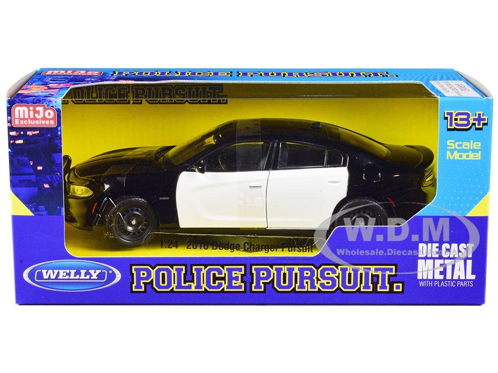 2016 Dodge Charger Pursuit Police Interceptor Black and White Unmarked "Police Pursuit" Series 1/24 Diecast Model Car by Welly