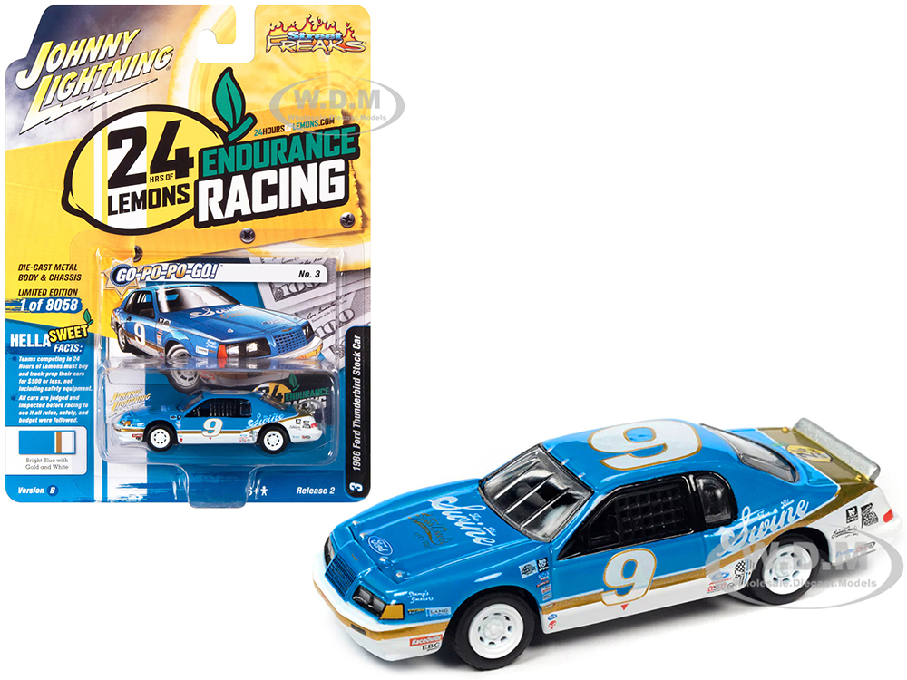 1986 Ford Thunderbird Stock Car #9 Bright Blue Go-Po-Po-Go! 24 Hours of Lemons Street Freaks Series Limited Edition to 8058 pieces Worldwide 1/64 Diecast Model Car by Johnny Lightning