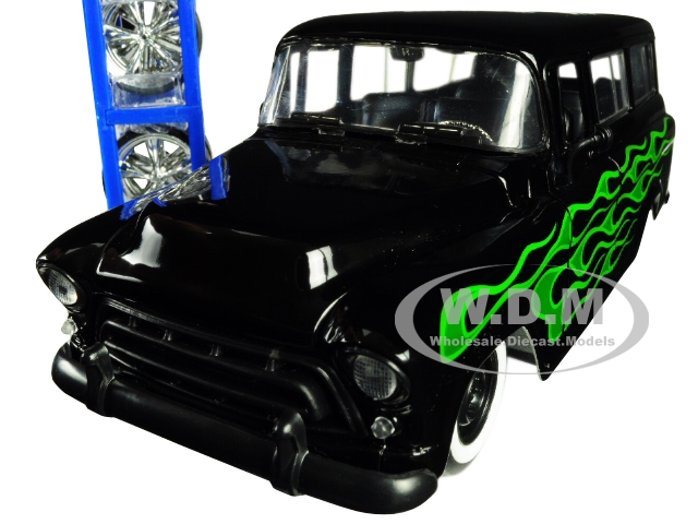 Image of 1957 Chevrolet Suburban Black with Green Flames and Extra Wheels "Just Trucks" Series 1/24 Diecast Model Car by Jada