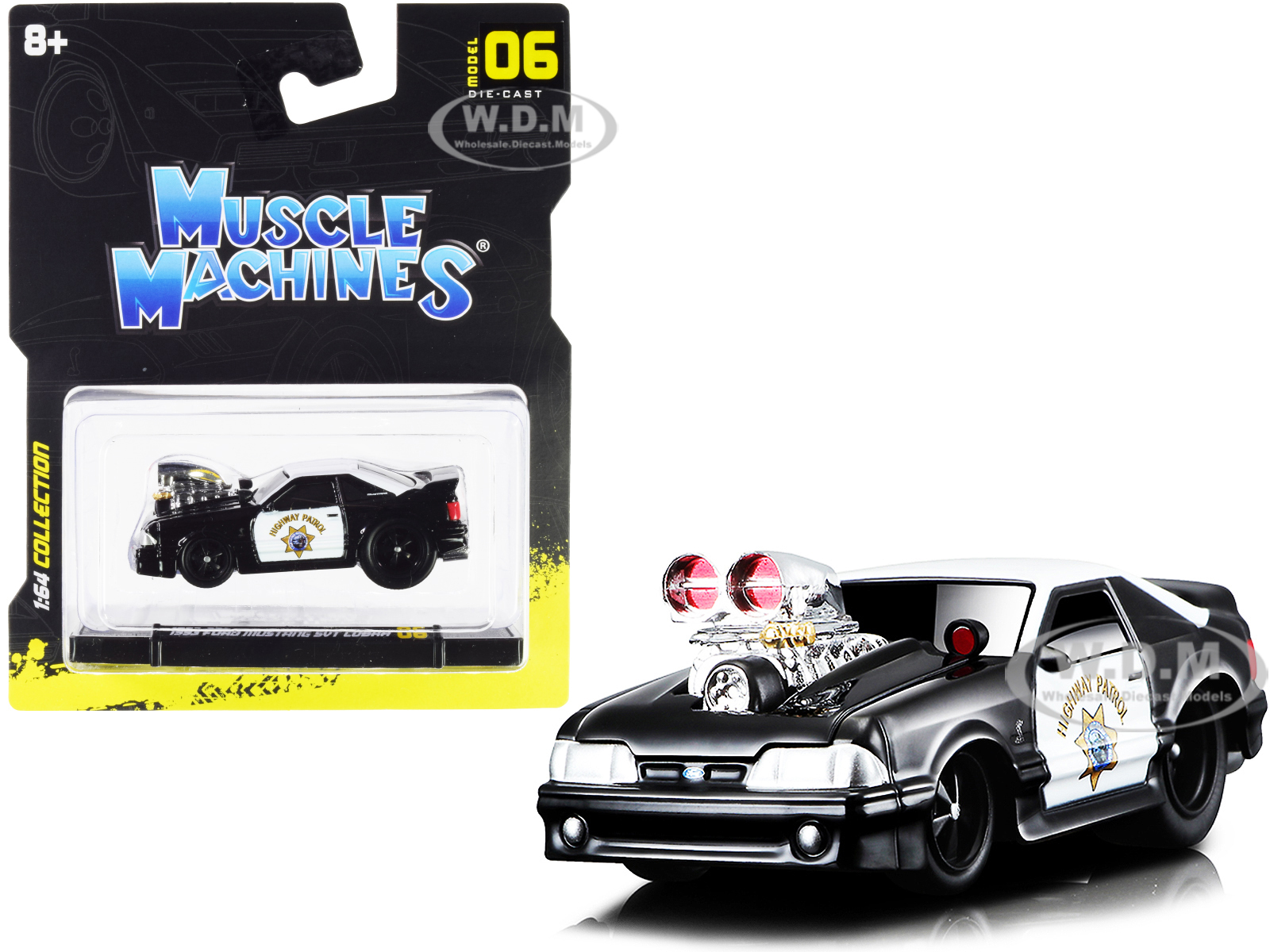 1993 Ford Mustang SVT Cobra CHP "California Highway Patrol" Black and White 1/64 Diecast Model Car by Muscle Machines