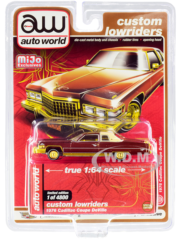 1976 Cadillac Coupe DeVille Burgundy and Cream with Gold Wheels "Custom Lowriders" Limited Edition to 4800 pieces Worldwide 1/64 Diecast Model Car by