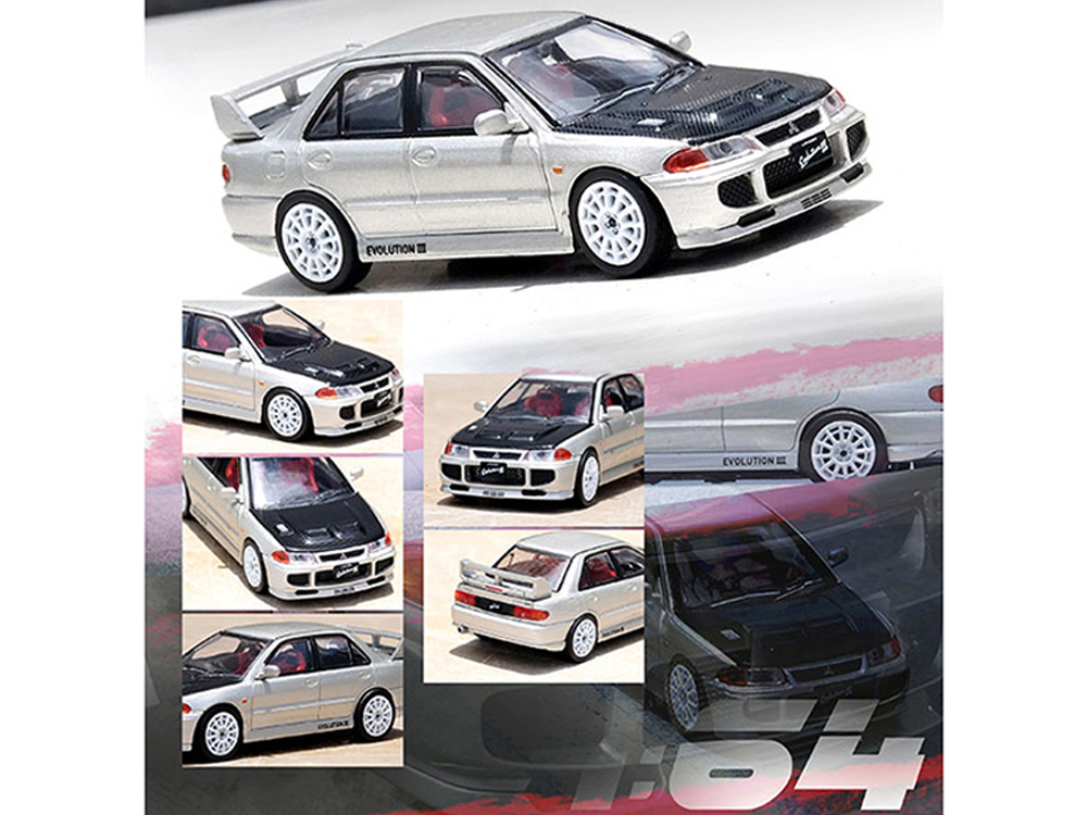 Mitsubishi Lancer Evolution III Silver with Carbon Hood 1/64 Diecast Model Car by Inno Models