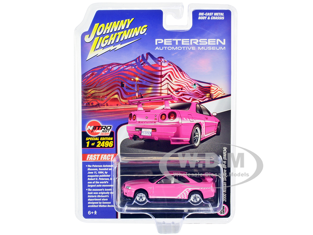 2000 Nissan Skyline GT-R (BNR34) RHD (Right Hand Drive) Pink with White Graphics and Interior Petersen Automotive Museum Limited Edition to 2496 pieces Worldwide 1/64 Diecast Model Car by Johnny Lightning