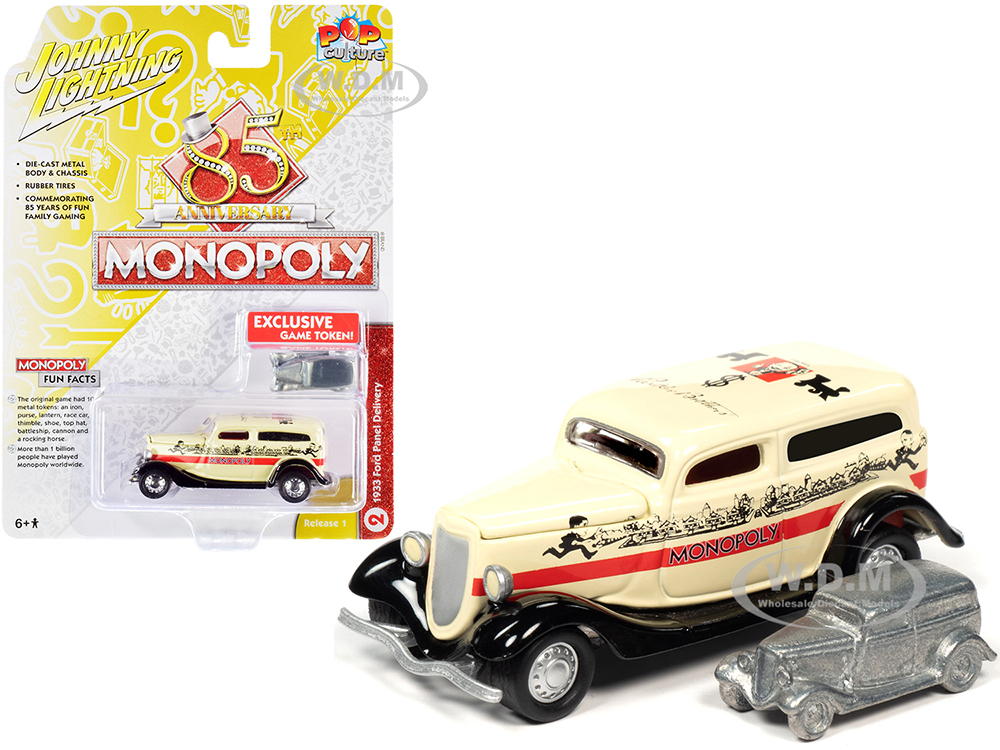 1933 Ford Panel Delivery Truck Yellow with Red Stripe and Game Token Monopoly 85th Anniversary Pop Culture Series 1/64 Diecast Model Car by Johnny Lightning