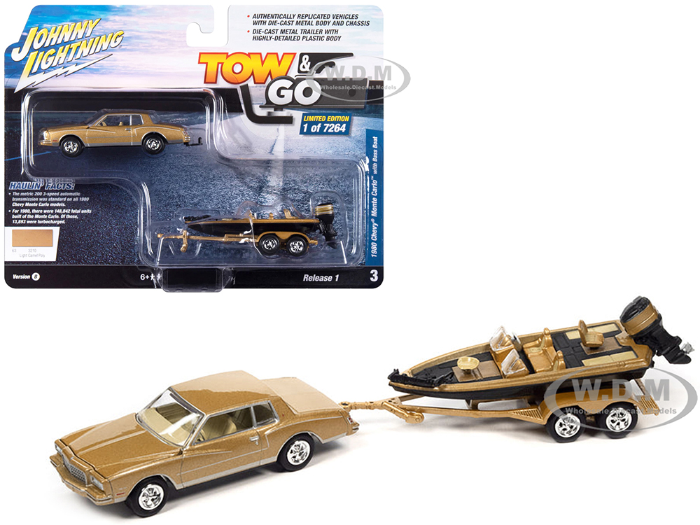 1980 Chevrolet Monte Carlo Light Camel Gold Metallic with Bass Boat and Trailer Limited Edition to 7264 pieces Worldwide Tow & Go Series 1/64 Diecast Model Car by Johnny Lightning