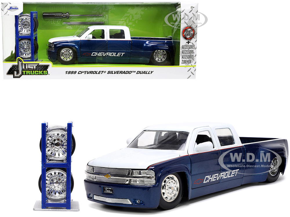 1999 Chevrolet Silverado Dually Pickup Truck Blue Metallic and White with Red Stripes with Extra Wheels "Just Trucks" Series 1/24 Diecast Model Car b