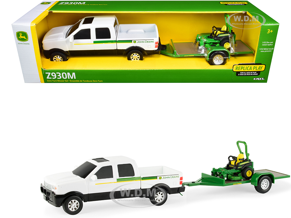 Pickup Truck White with Flatbed Trailer and John Deere Zero-Turn Mower Set of 3 pieces 1/32 Diecast Models by ERTL TOMY