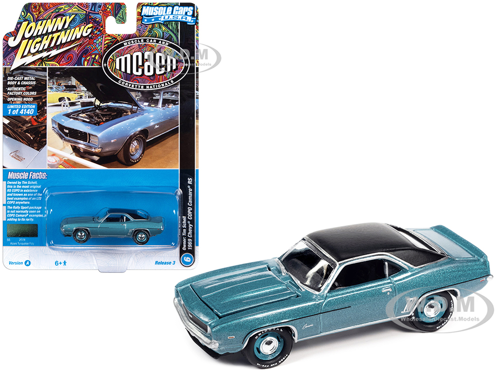 1969 Chevrolet COPO Camaro RS Azure Turquoise Metallic with Black Top MCACN (Muscle Car and Corvette Nationals) Limited Edition to 4140 pieces Worldwide Muscle Cars USA Series 1/64 Diecast Model Car by Johnny Lightning