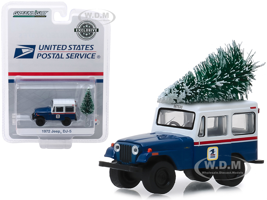 1972 Jeep Dj-5 Blue With White Top "usps" (united States Postal Service) With Christmas Tree Accessory "hobby Exclusive" 1/64 Diecast Model Car By Gr