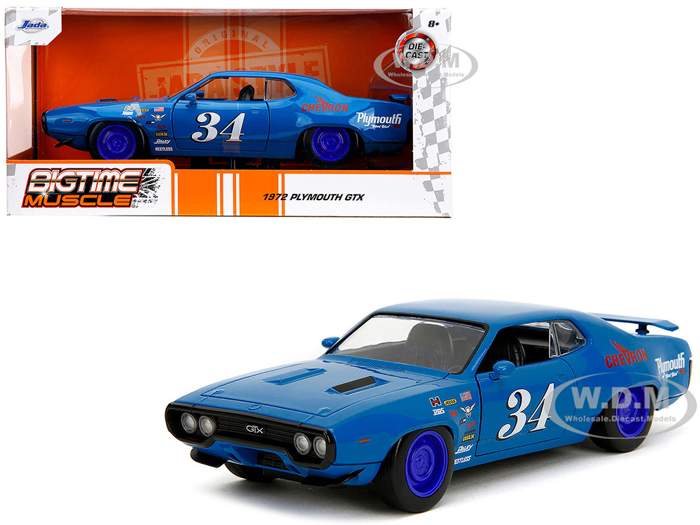 1972 Plymouth GTX #34 Blue with Graphics Bigtime Muscle Series 1/24 Diecast Model Car by Jada