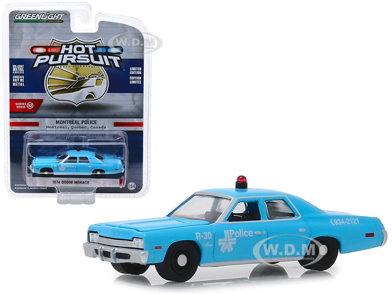 1974 Dodge Monaco "montreal Canada Police" Light Blue "hot Pursuit" Series 32 1/64 Diecast Model Car By Greenlight