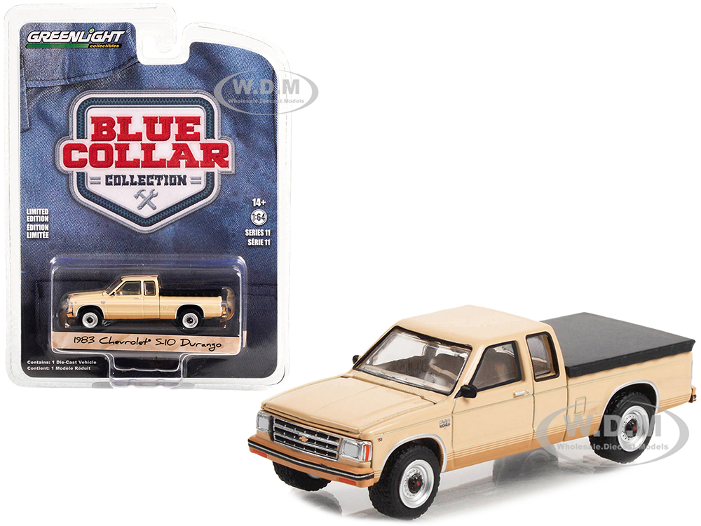 1983 Chevrolet S-10 Durango Pickup Truck Tan with Brown Stripes and Black Bed Cover Blue Collar Collection Series 11 1/64 Diecast Model Car by Greenlight