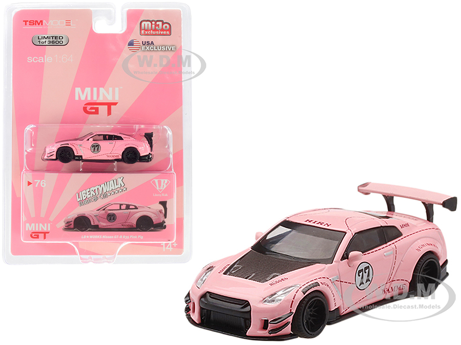Image of Nissan GT-R (R35) 77 Pink Pig Type 2 LB Works "LibertyWalk" with Rear Wing Limited Edition to 3600 pieces Worldwide 1/64 Diecast Model Car by True Sc