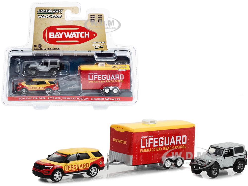 2016 Ford Explorer Emerald Bay Beach Patrol Lifeguard Yellow and Red with 2013 Jeep Wrangler Rubicon Gray and Enclosed Car Hauler Baywatch (2017) Movie Hollywood Hitch & Tow Series 11 1/64 Diecast Model Cars by Greenlight
