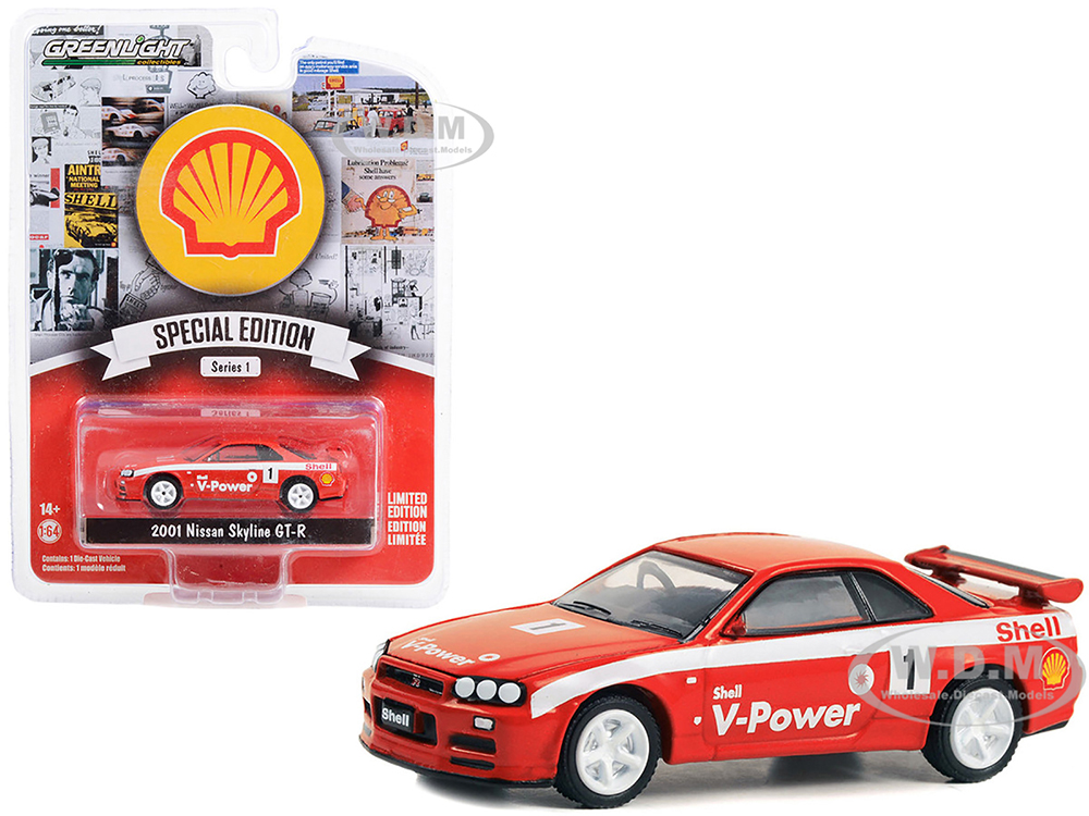 2001 Nissan Skyline GT-R (R34) 1 Red with White Stripes "Shell Racing" "Shell Oil Special Edition" Series 1 1/64 Diecast Model Car by Greenlight