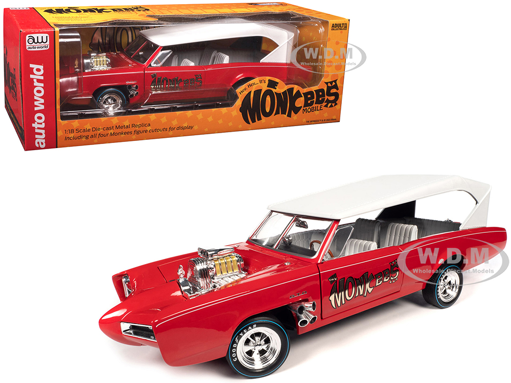Monkeemobile Red with White Top and Interior The Monkees with Four Monkees Figure Cutouts Silver Screen Machines Series 1/18 Diecast Model Car by Auto World