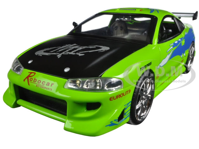 Brians Mitsubishi Eclipse Green with Black Hood and Graphics The Fast and The Furious (2001) Movie 1/24 Diecast Model Car by Jada