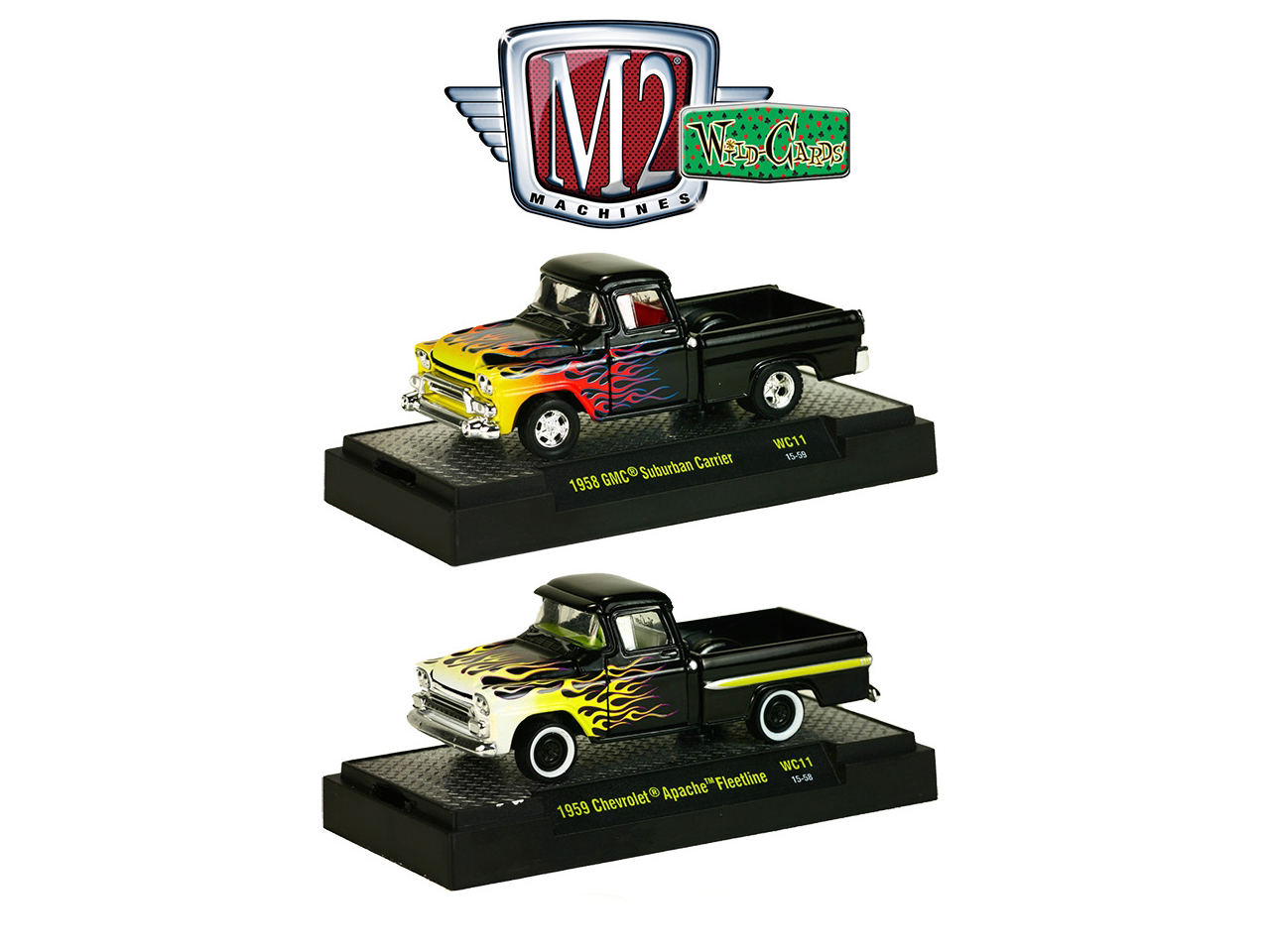 Wild Cards 1958 GMC Suburban Carrier Pickup Truck and 1959 Chevrolet Apache Fleetline Pickup Truck Set of 2 WITH CASES 1/64 Diecast Models by M2 Machines