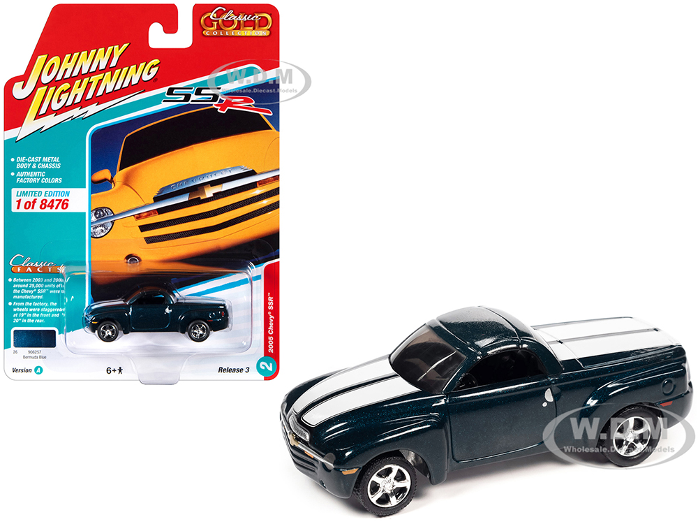 2005 Chevrolet SSR Pickup Truck Bermuda Blue Metallic with White Stripes Classic Gold Collection Series Limited Edition to 8476 pieces Worldwide 1/64 Diecast Model Car by Johnny Lightning