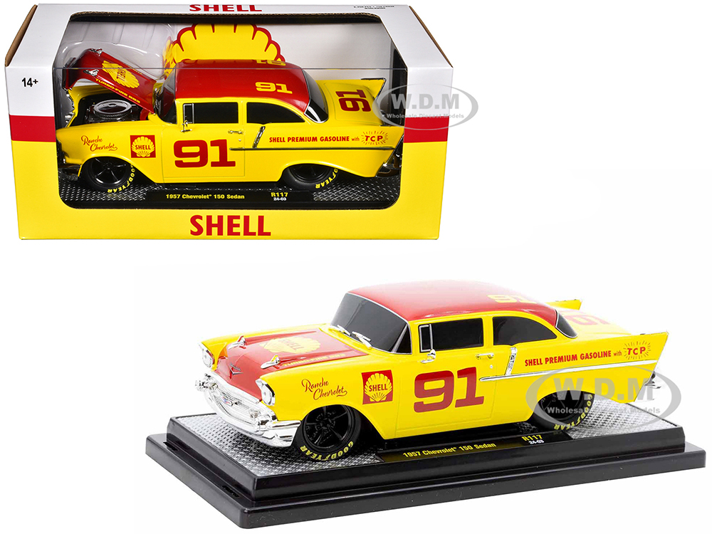 1957 Chevrolet 150 Sedan #91 Yellow with Red Hood and Top Shell Oil Limited Edition to 6250 pieces Worldwide 1/24 Diecast Model Car by M2 Machines