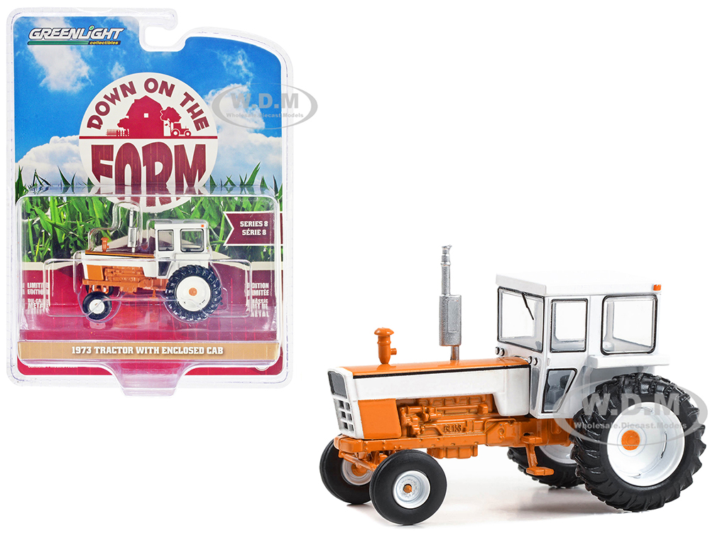 1973 Tractor with Enclosed Cab Orange and White Down on the Farm Series 8 1/64 Diecast Model by Greenlight