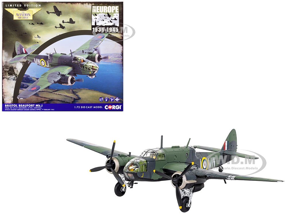 Bristol Beaufort Mk.1 Bomber Plane L9866 RAF 217 Squadron St. Eval Cornwall Attack Against German Cruiser Admiral Hipper (1st February 1941) The Aviation Archive Series 1/72 Diecast Model by Corgi